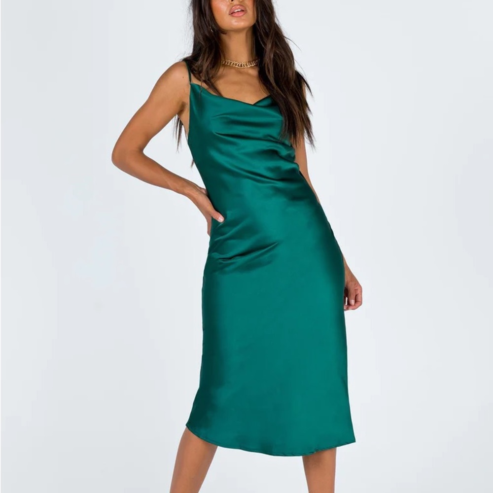Green satin slip midi dress